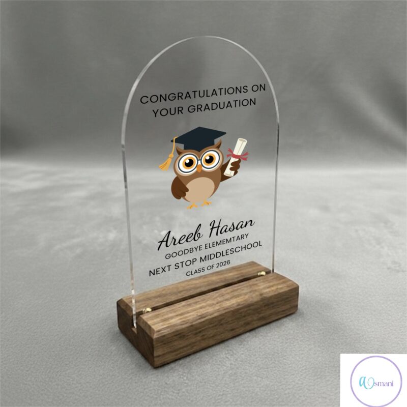 Personalized Kindergarten & Elementary Graduation Sign – Cute Cartoon Owl Acrylic Keepsake