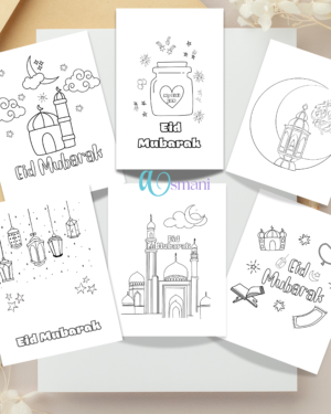 Eid Mubarak Coloring Cards for Kids – Set of 6 Physical Greeting Cards with Festive Hand-Drawn Designs