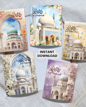 Printable Eid Mubarak Cards Bundle – Set of 5 Digital Greeting Cards – Instant Download Arabic Calligraphy & Floral Designs – 4.25 x 5.5 Inch DIY Eid Cards