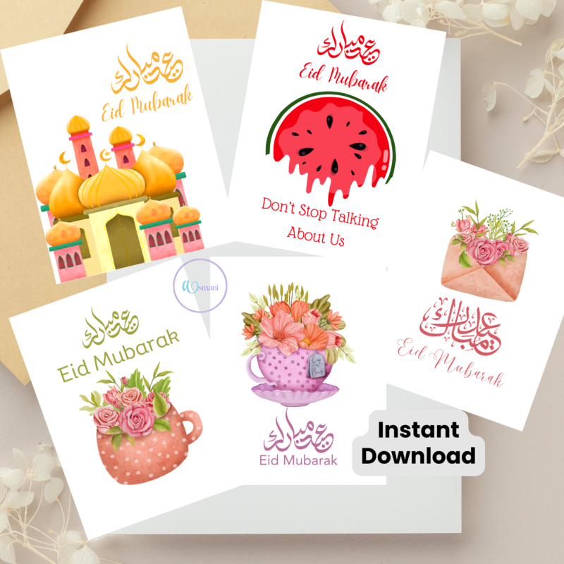 Printable Eid Mubarak Greeting Card Set | 5 Aesthetic Digital Designs | Instant Download